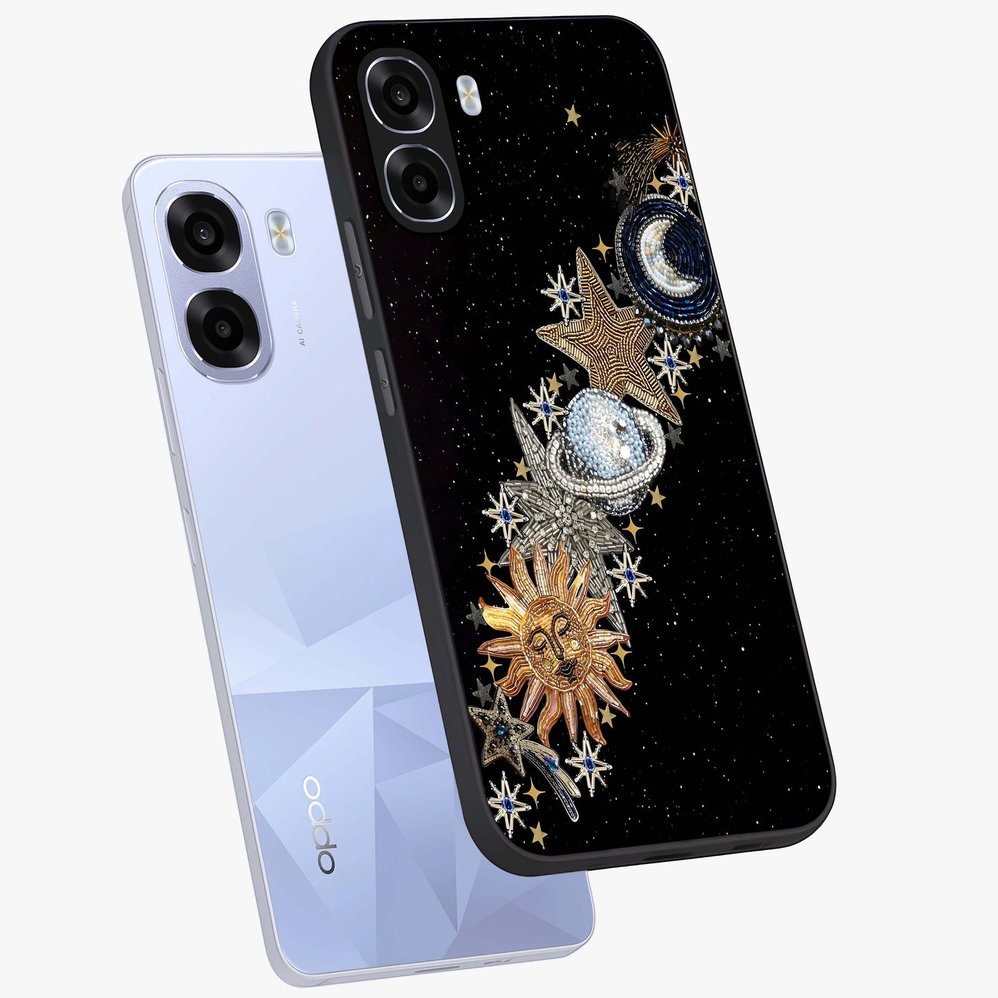 Pearls Universe Object Glass Case displayed in angled mockup highlighting celestial pearl design with dreamy aesthetic.