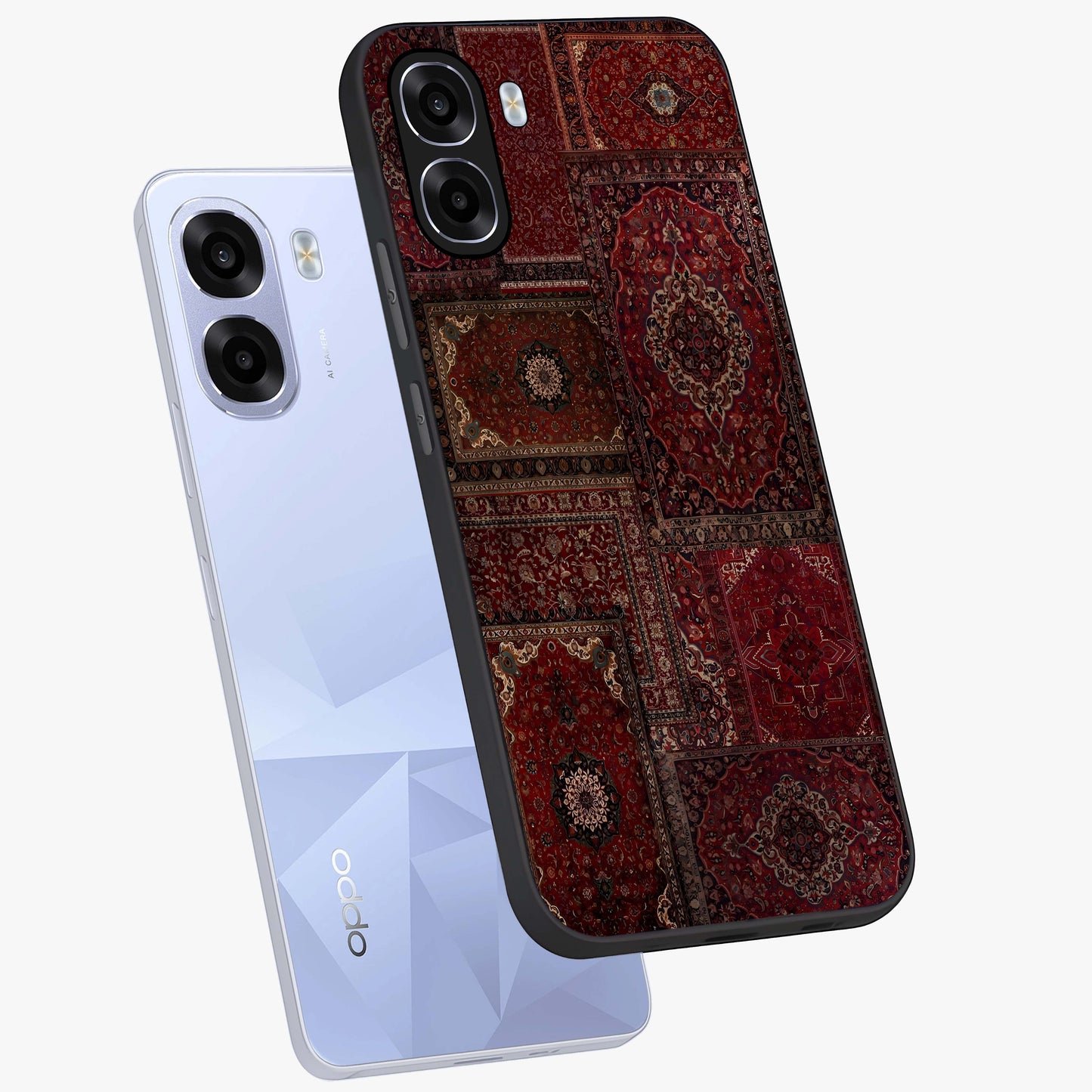 Persian Velvet Tale Glass Case displayed in angled mockup highlighting ornate textile inspired design with royal aesthetic.