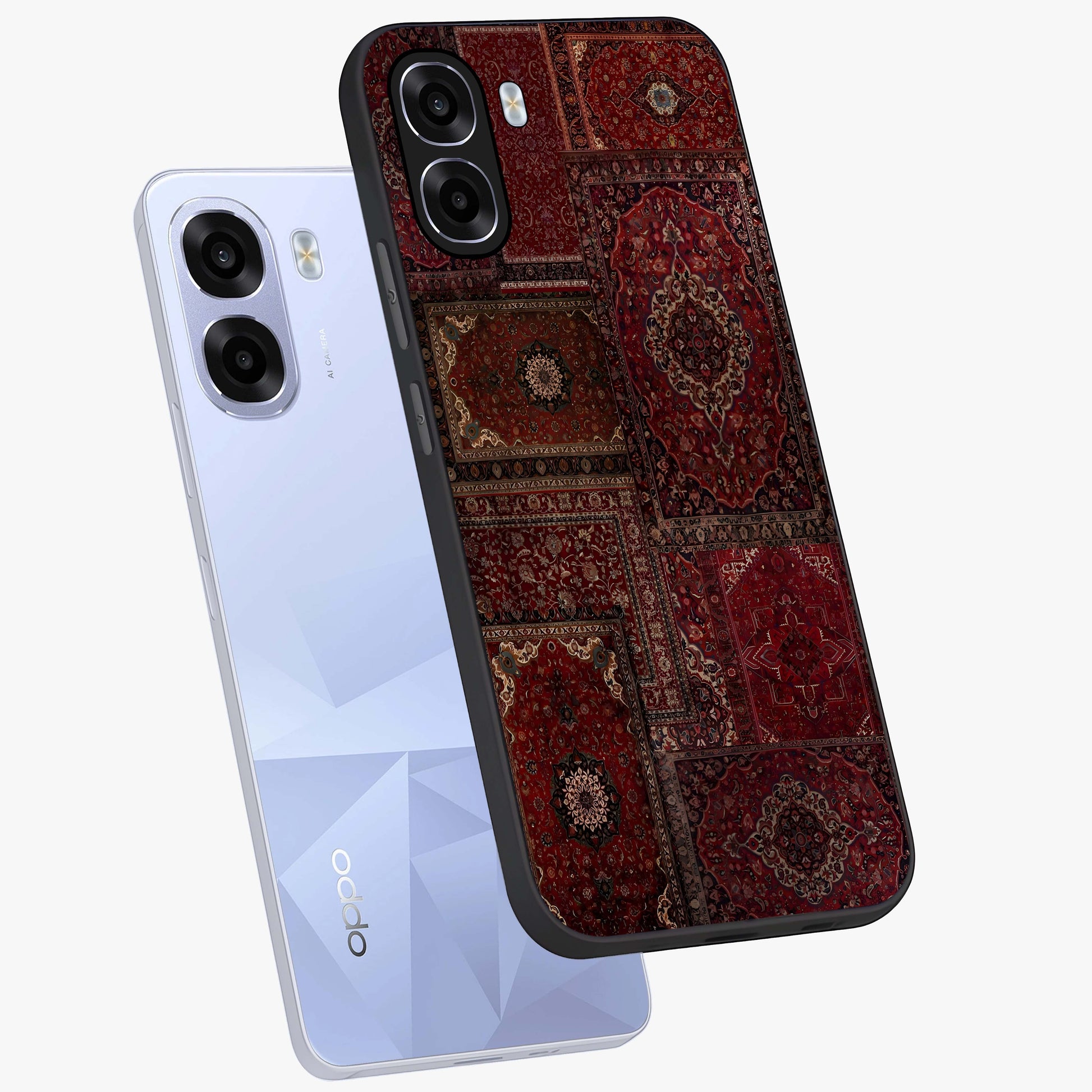 Persian Velvet Tale Glass Case displayed in angled mockup highlighting ornate textile inspired design with royal aesthetic.