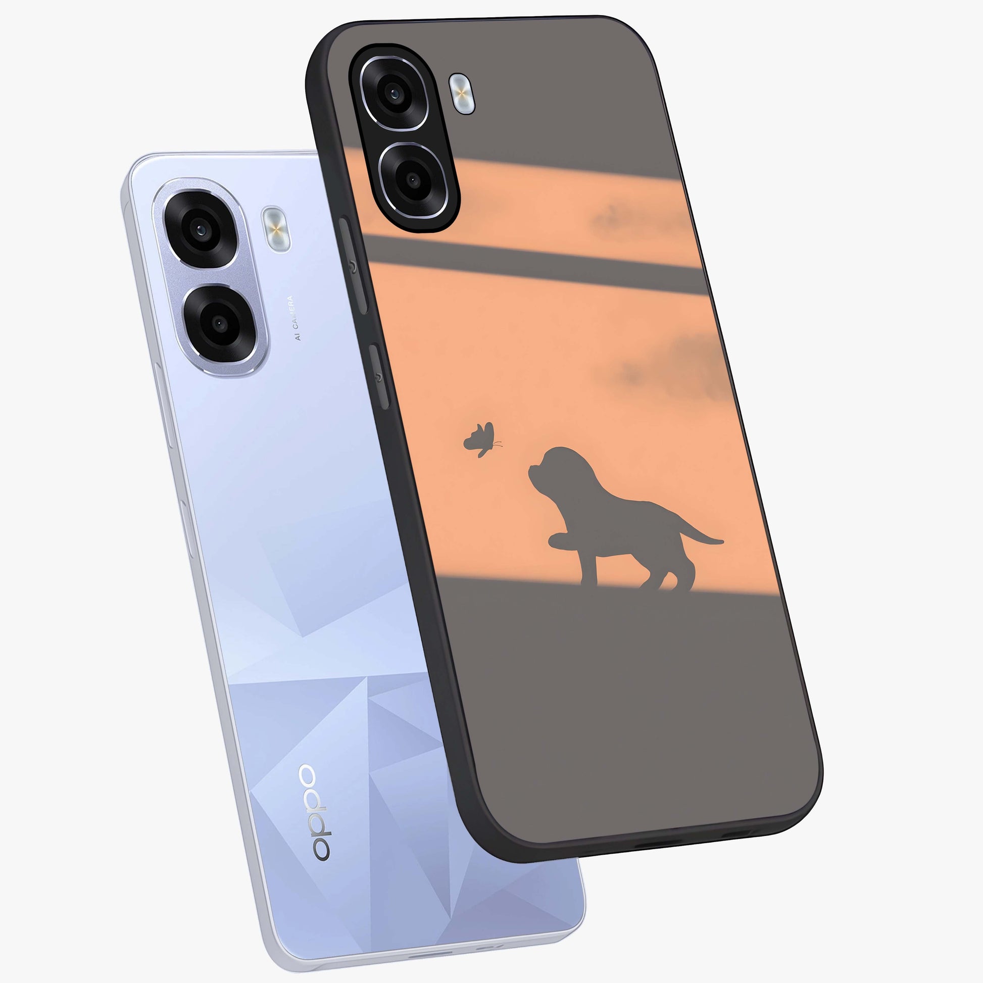 Puppy Shadow Art Glass Case displayed in angled mockup highlighting playful dog illustration with artistic shadow aesthetic.