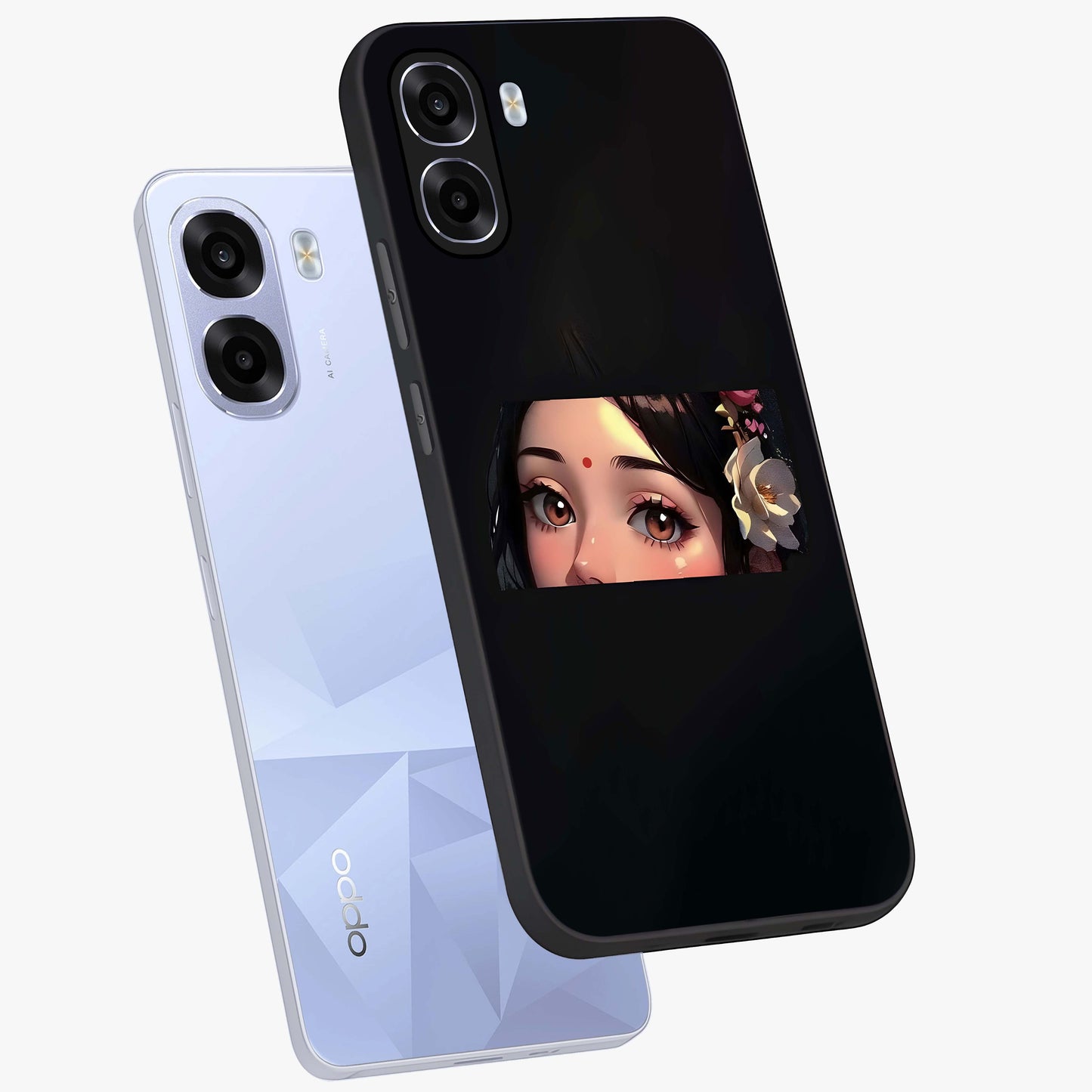 Radha Divine Embrace Glass Case displayed in angled mockup highlighting graceful spiritual illustration with divine aesthetic.