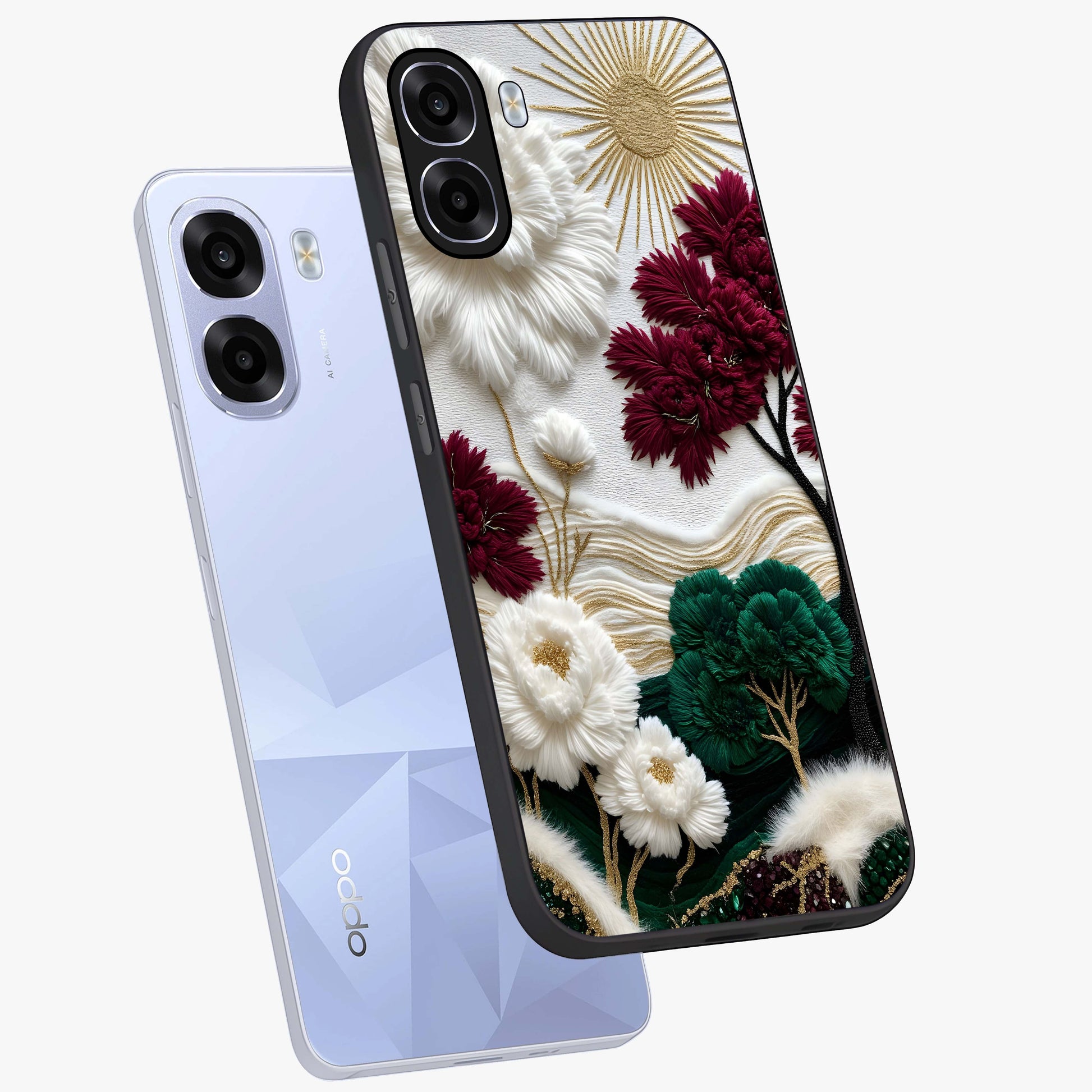 Radiant Bloom Elegance Glass Case displayed in angled mockup highlighting graceful floral design with radiant aesthetic style.