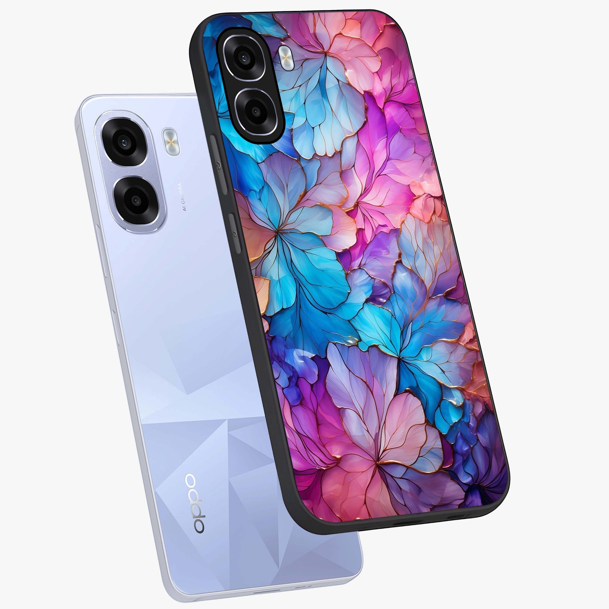 Radiant Floral Whirl Glass Case displayed in angled mockup highlighting vibrant flower pattern with dynamic artistic aesthetic.