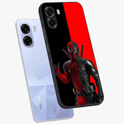 Red & Black Deadpool Theme Glass Case displayed in angled mockup highlighting vibrant superhero style illustration with action aesthetic.
