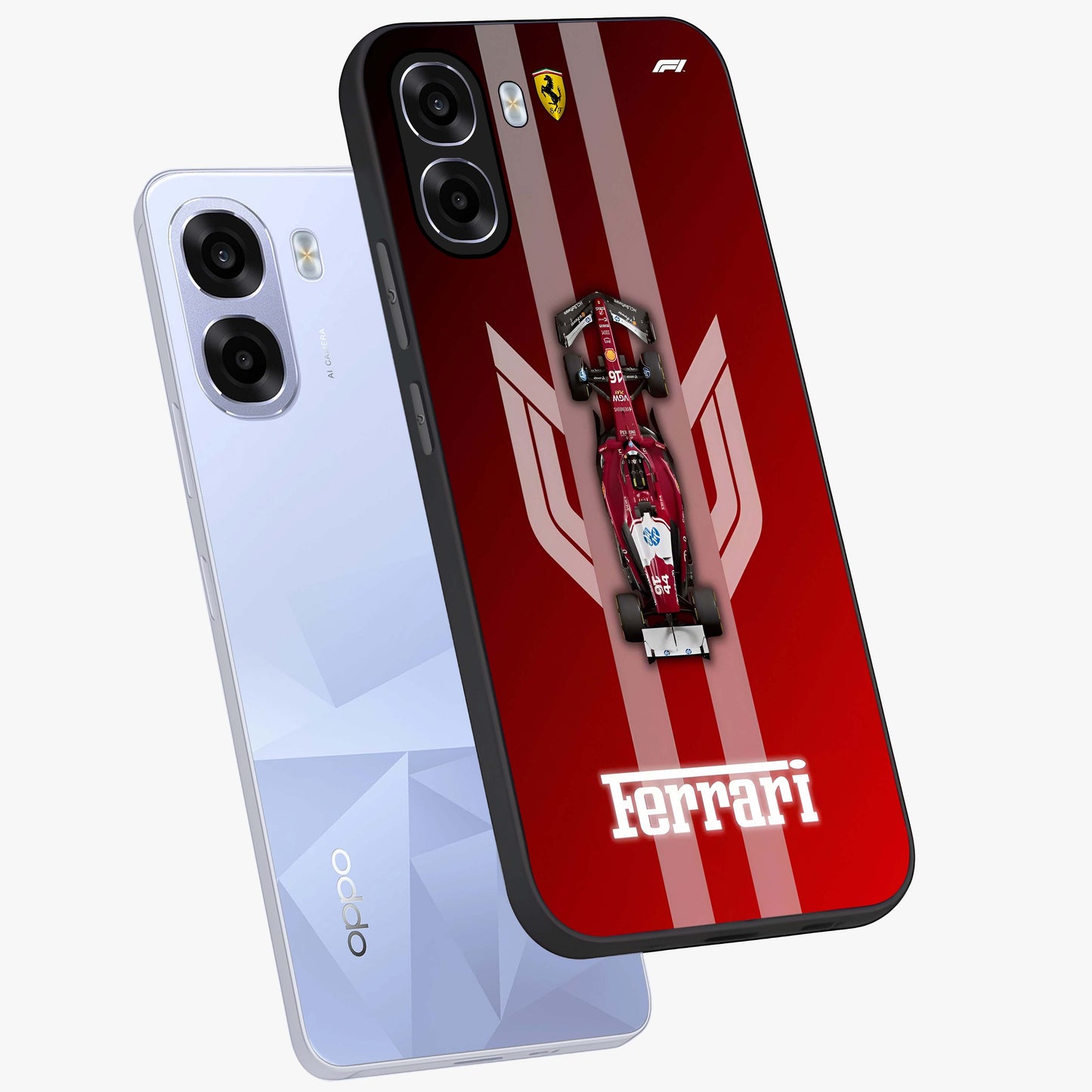 Red Ferrari F1 Vertical Glass Case displayed in angled mockup highlighting high speed racing design with bold automotive aesthetic.