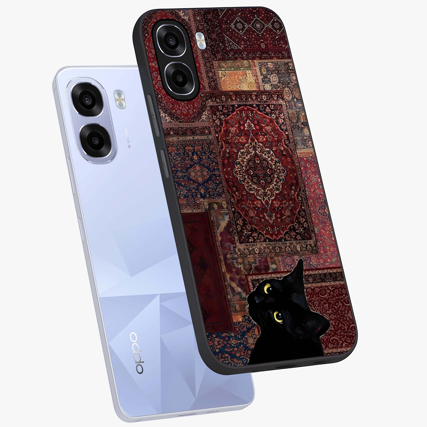 Regal Magic Cat Apple Glass Case displayed in angled mockup highlighting whimsical feline design with fantasy aesthetic.