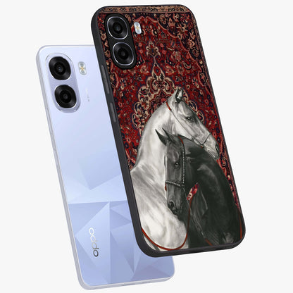 Regal Stallion Tapestry Glass Case displayed in angled mockup highlighting royal stallion design with decorative heritage aesthetic.