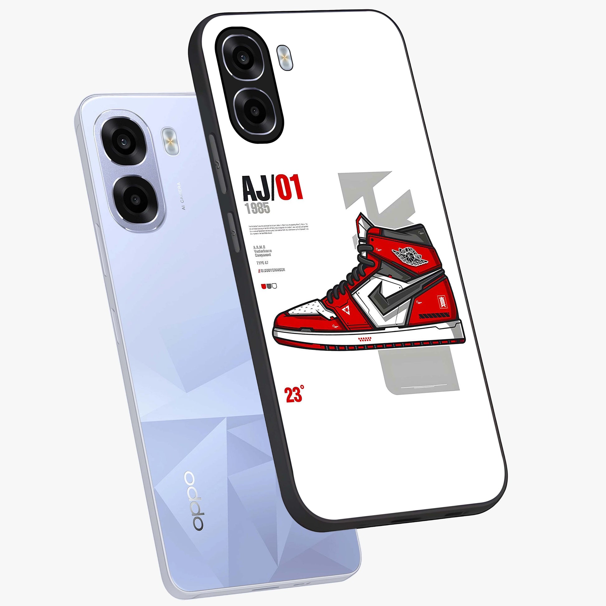 Retro Sneaker Blueprint Glass Case displayed in angled mockup highlighting detailed shoe design with sporty retro aesthetic.