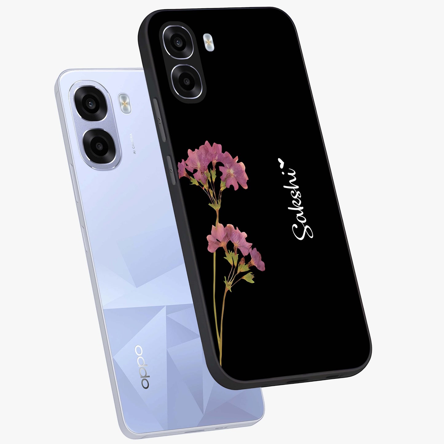 Riching Lavender Flower Custom Name Glass Case displayed in angled mockup highlighting delicate lavender flower design with custom name feature.