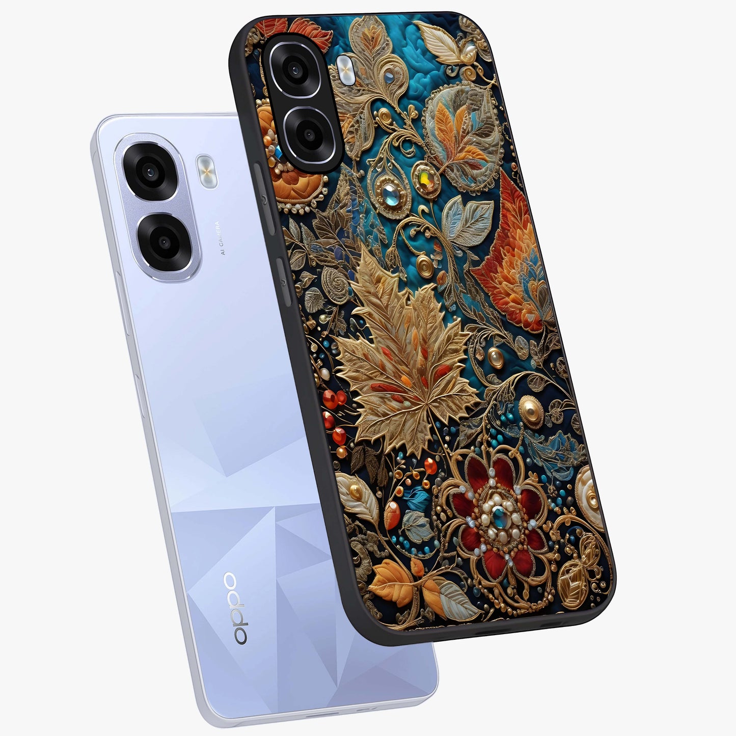 Royal Jewel Garden Glass Case displayed in angled mockup highlighting vibrant jewel inspired floral design with elegant aesthetic.