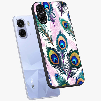 Royal Peacock Feathers Glass Case displayed in angled mockup highlighting vibrant feather pattern with regal aesthetic style.