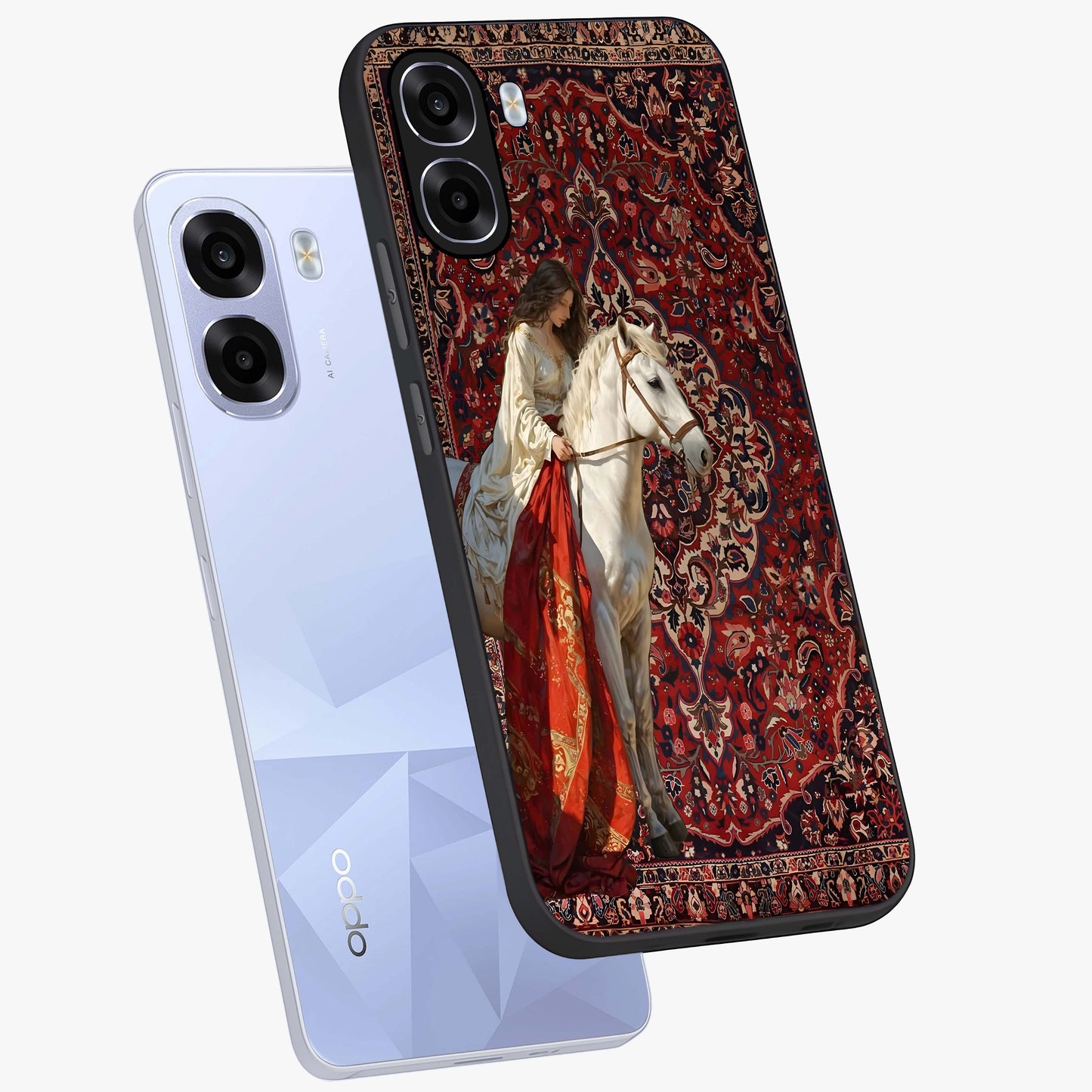 Royal Rider Tapestry Glass Case displayed in angled mockup highlighting traditional tapestry design with royal heritage aesthetic.