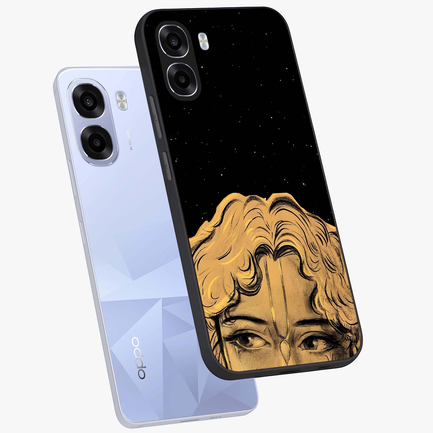 Shri Krishna Art Glass Case displayed in angled mockup highlighting spiritual Krishna illustration with divine aesthetic.