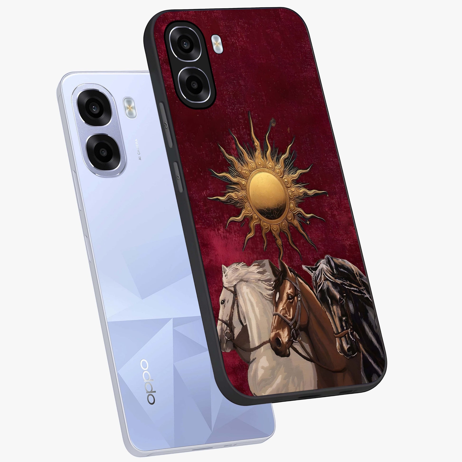 Solar Riders Glass Case displayed in angled mockup highlighting powerful rider illustration with radiant solar aesthetic.