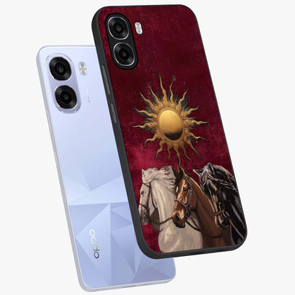 Solar Riders Glass Case displayed in angled mockup highlighting powerful rider illustration with radiant solar aesthetic.