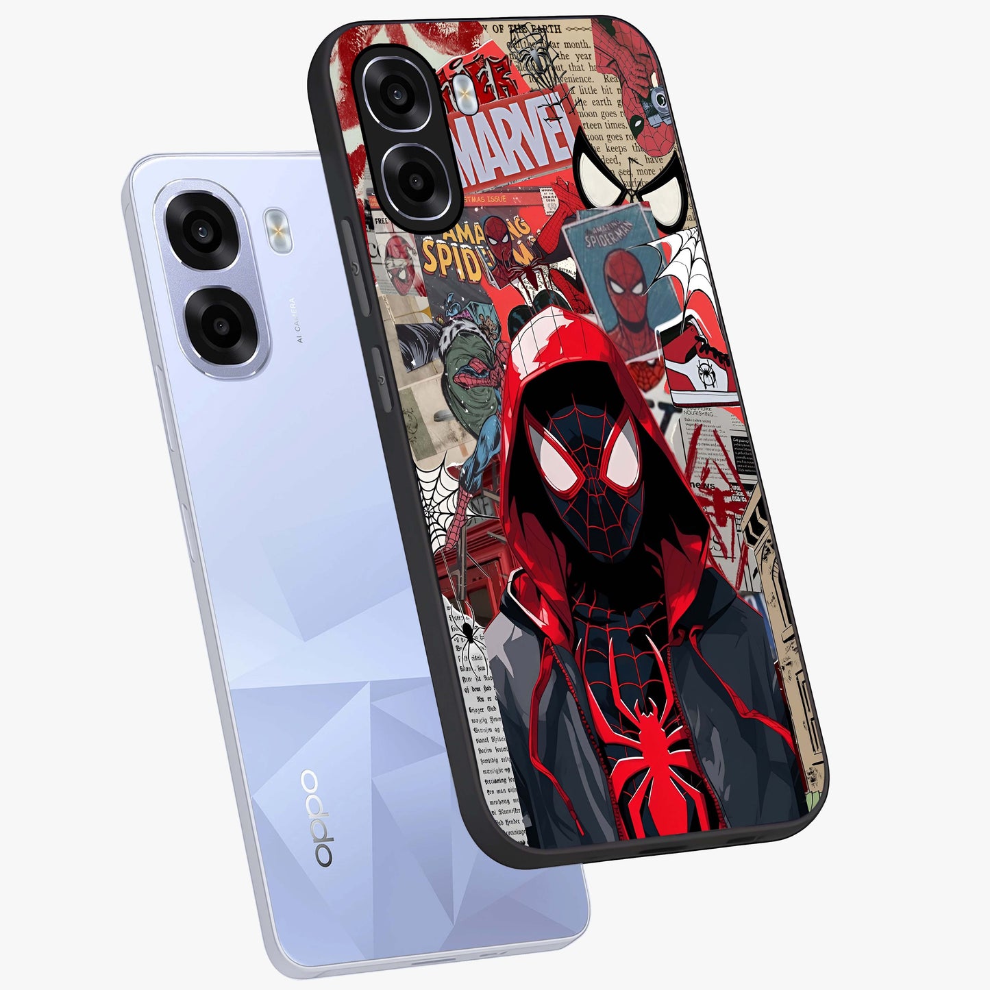Spider Collage Street Glass Case displayed in angled mockup highlighting dynamic street style collage design with comic aesthetic.