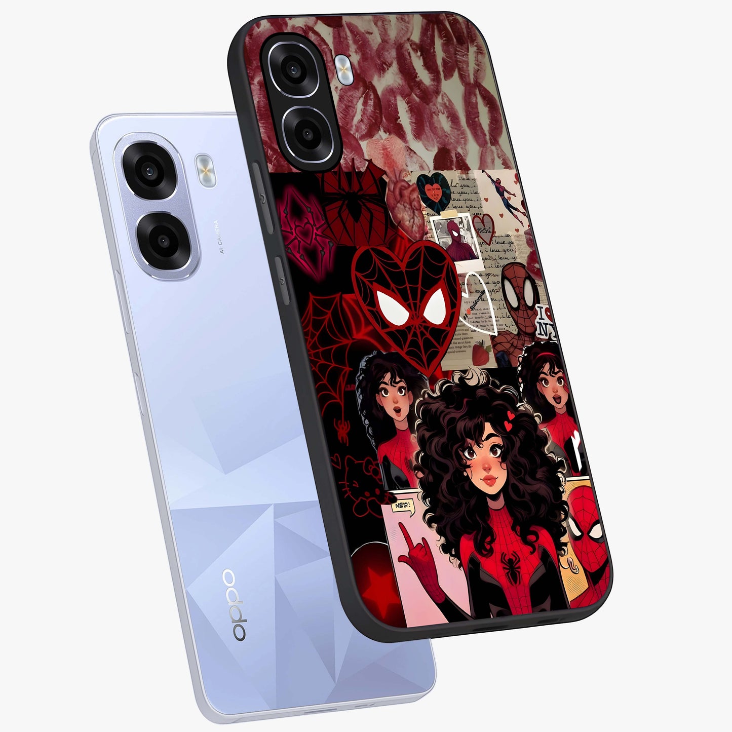 Spider Love Story Glass Case displayed in angled mockup highlighting expressive comic inspired design with playful aesthetic.
