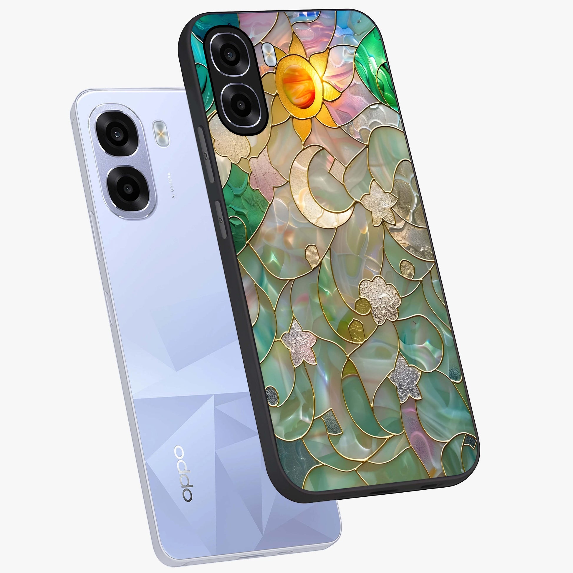 Stained Sunrise Glow Glass Case displayed in angled mockup highlighting radiant sunrise design with artistic aesthetic style.
