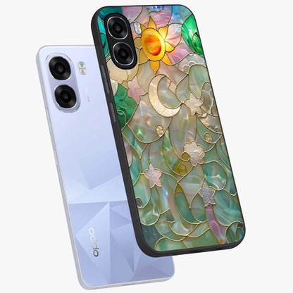 Stained Sunrise Glow Glass Case displayed in angled mockup highlighting radiant sunrise design with artistic aesthetic style.