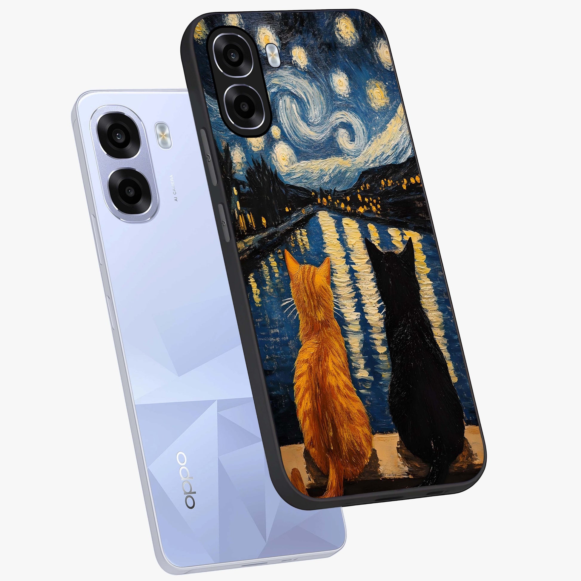 Starry River Cats Glass Case displayed in angled mockup highlighting charming feline illustration with dreamy night aesthetic.