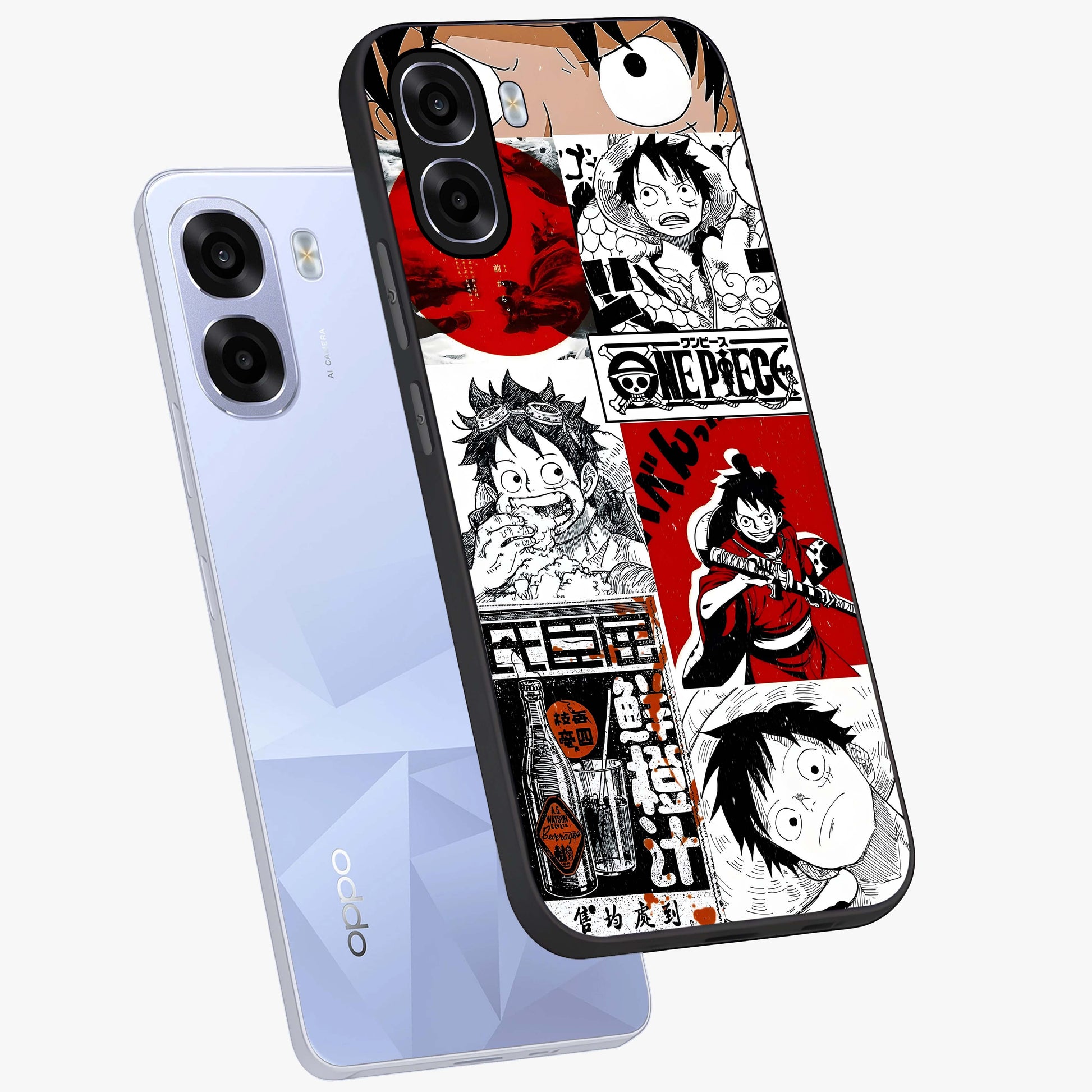 Strawhat Chaos Panels Glass Case displayed in angled mockup highlighting vibrant anime collage design with action aesthetic.