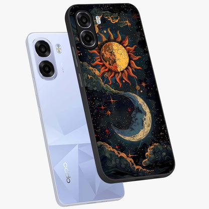 Sun And Moon Magic Design Glass Case displayed in angled mockup highlighting celestial design with magical cosmic aesthetic.