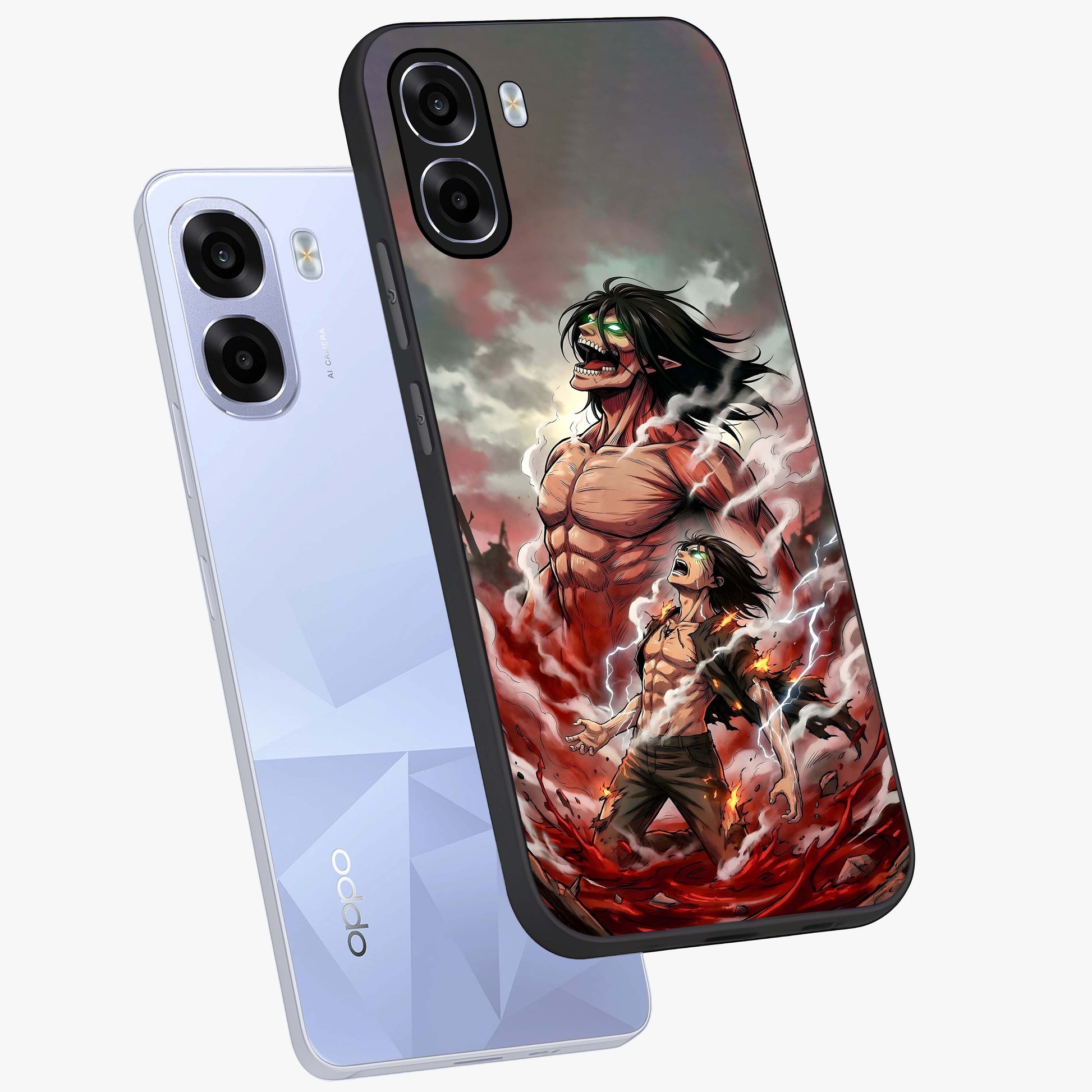 Titan Awakening Fury Glass Case displayed in angled mockup highlighting dramatic giant warrior design with bold anime aesthetic.