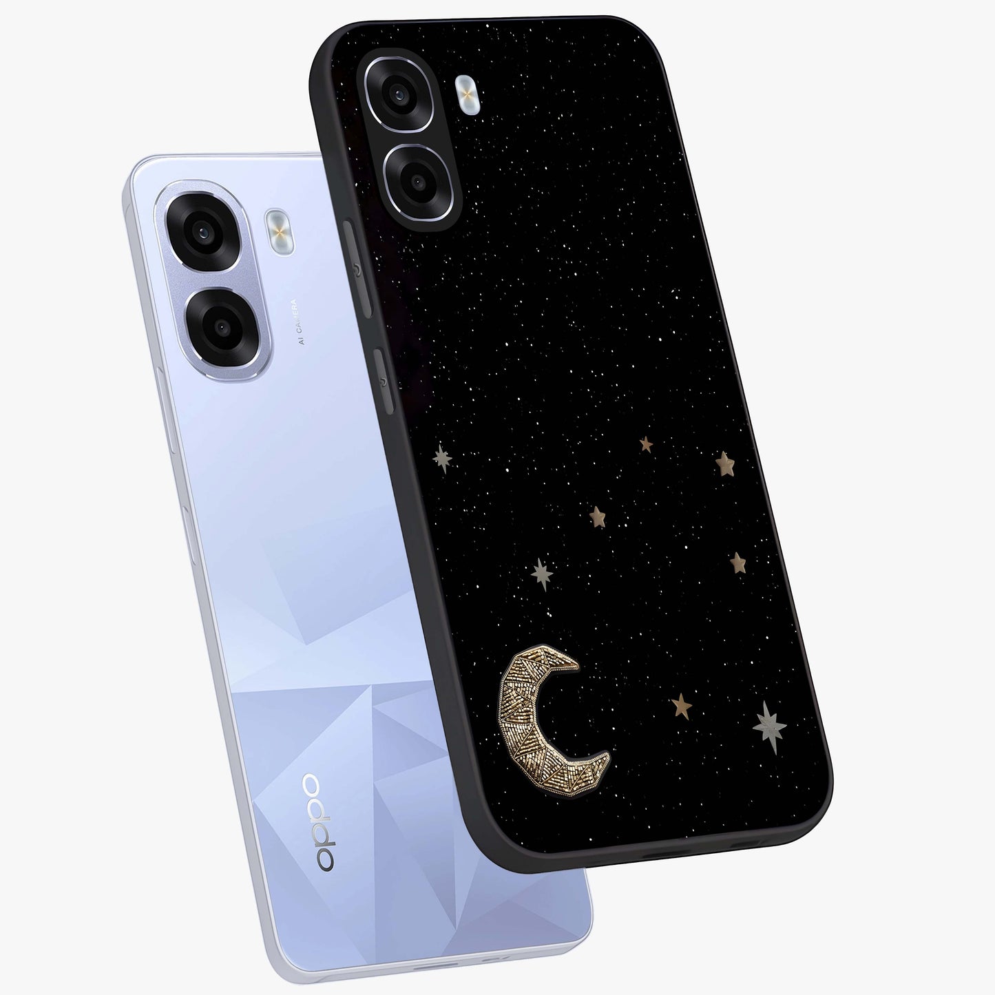 Twinkle Star With Half Moon Glass Case displayed in angled mockup highlighting celestial moon and star design with magical aesthetic.