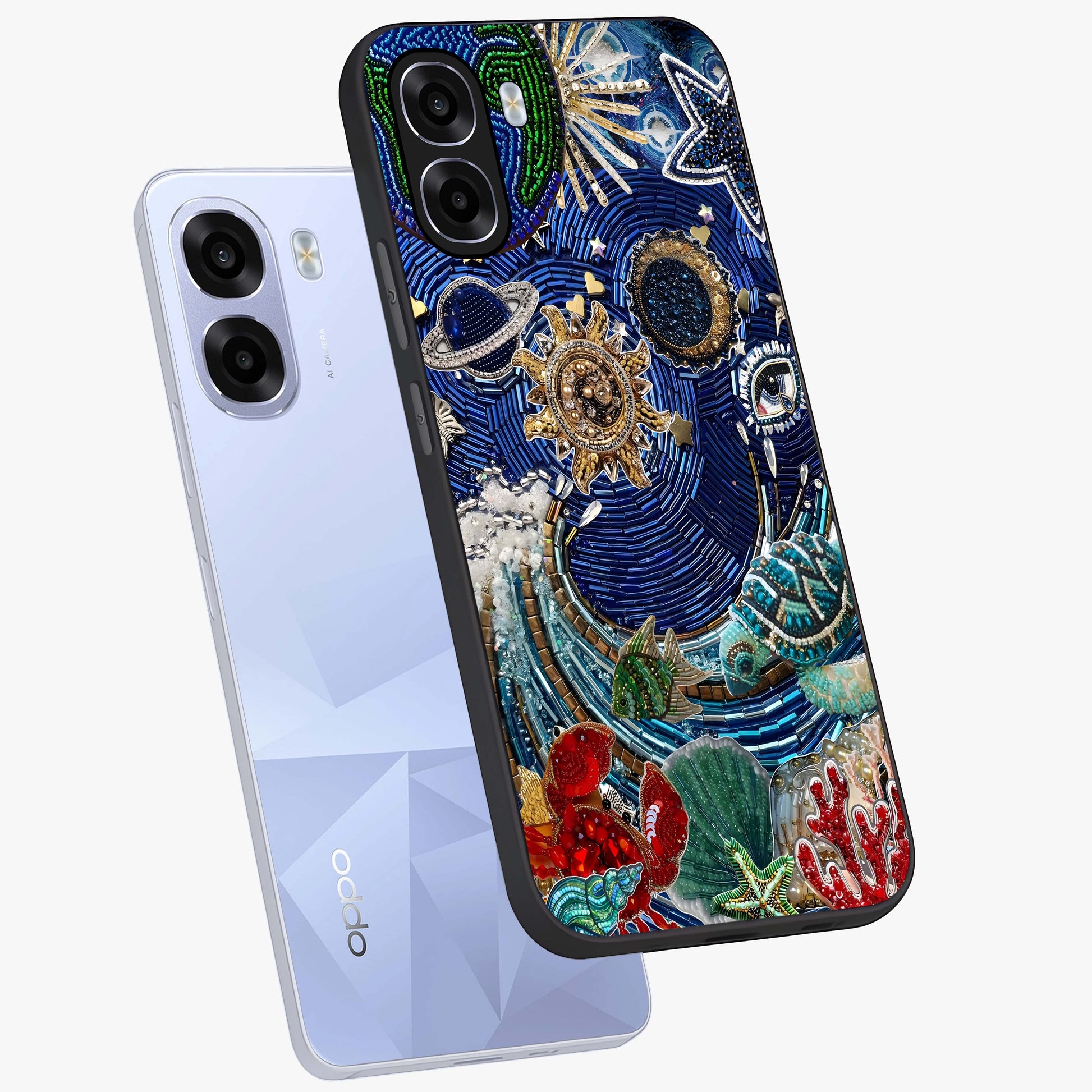 Universe Underwater Spark Glass Case displayed in angled mockup highlighting glowing aquatic design with celestial aesthetic.