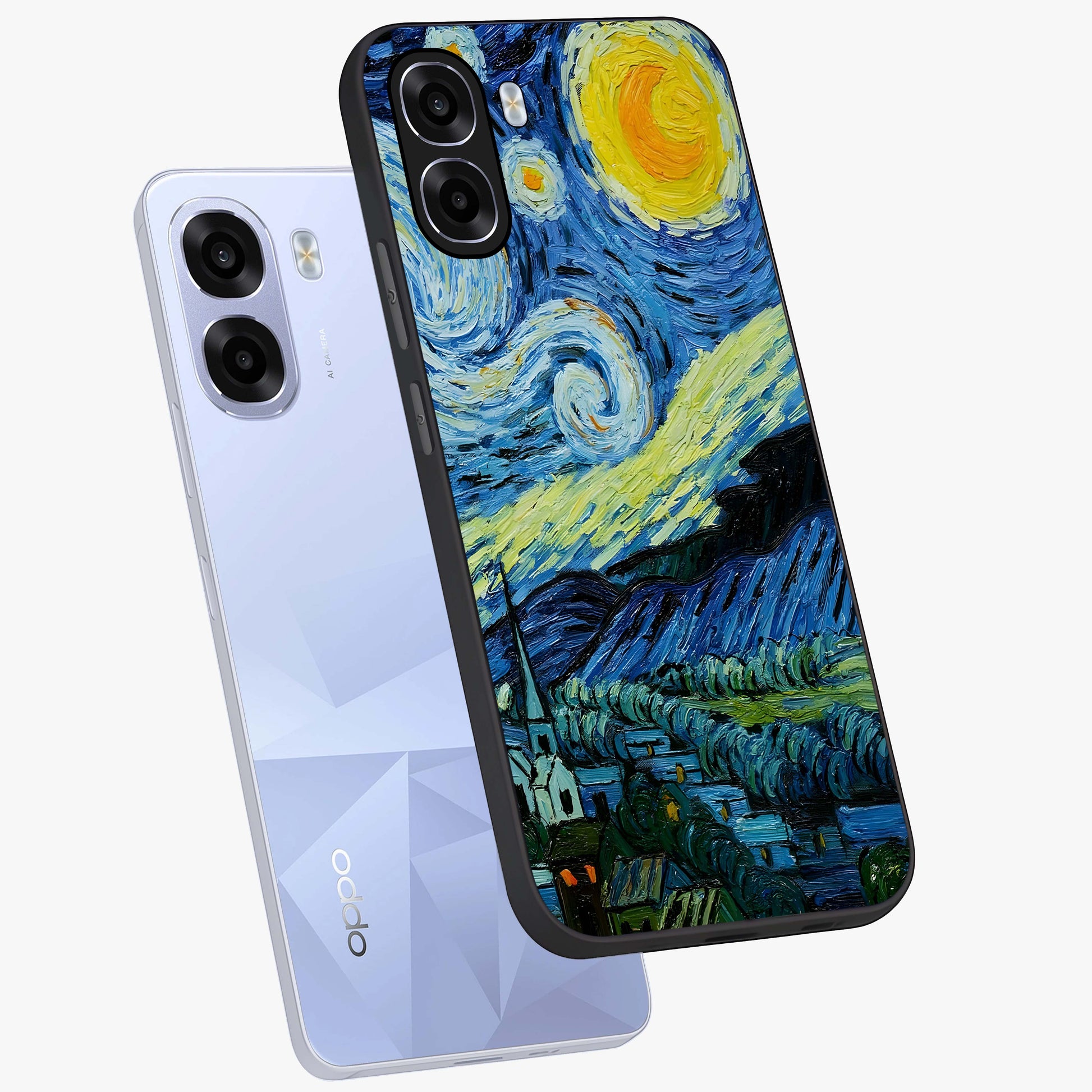 Van Gogh Art Glass Case displayed in angled mockup highlighting swirling brushstroke design with artistic aesthetic.