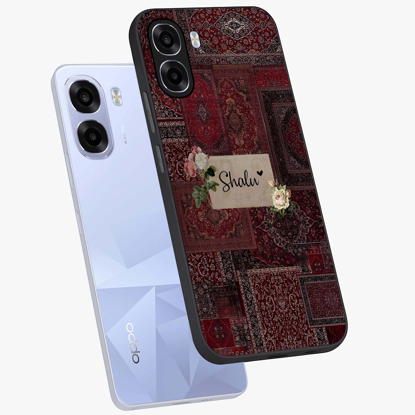 Velvet Wine Pattern Custom Name Glass Case displayed in angled mockup highlighting decorative velvet inspired design with custom name feature.