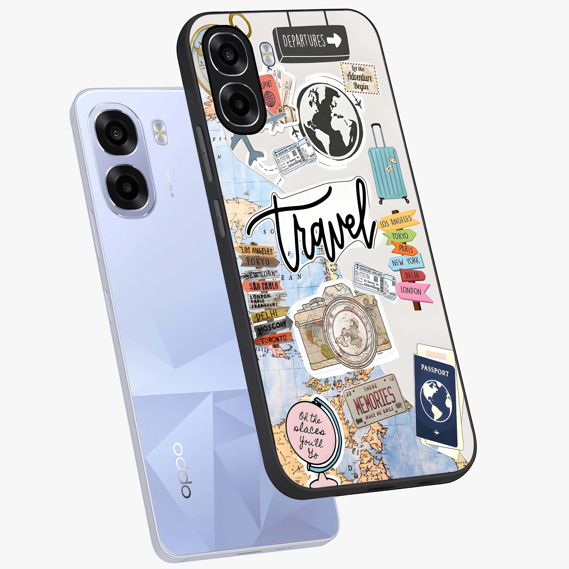 Wanderlust Journal Glass Case displayed in angled mockup highlighting adventure themed design with aesthetic travel vibe.