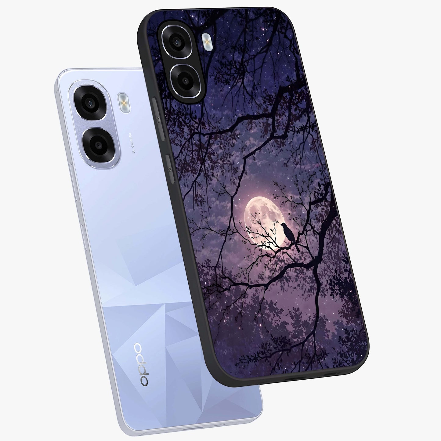 Whispering Moon Silence Glass Case displayed in angled mockup highlighting calm lunar design with dreamy night aesthetic.