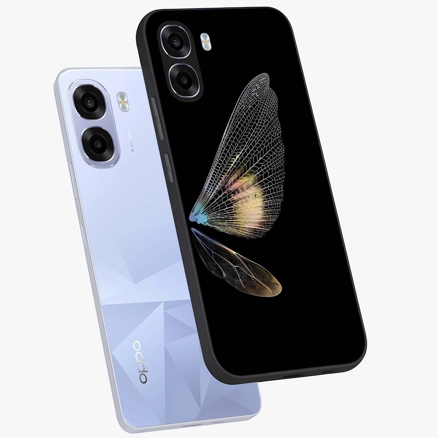 Whispers Of Wings Glass Case displayed in angled mockup highlighting soft feather design with celestial aesthetic style.