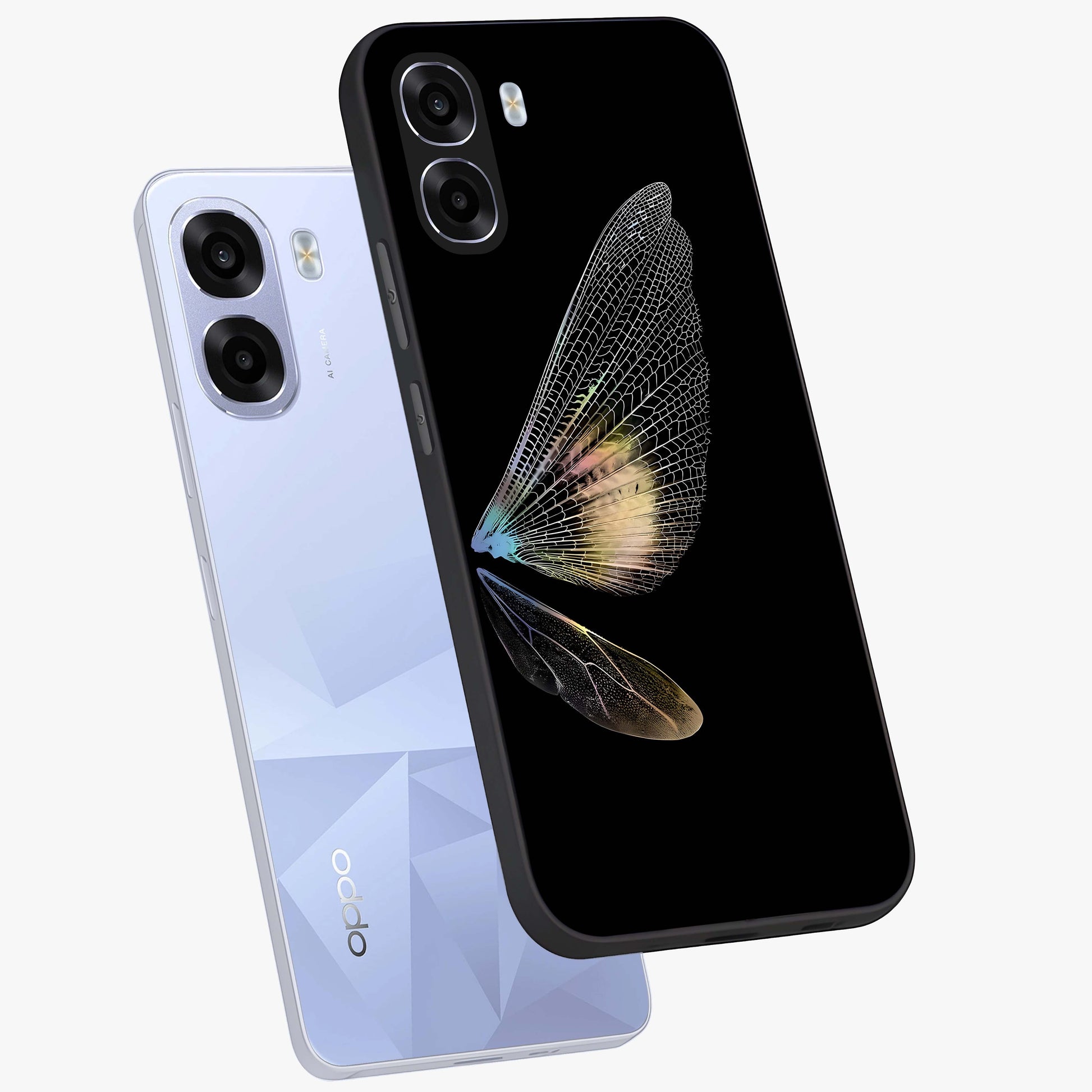 Whispers Of Wings Glass Case displayed in angled mockup highlighting soft feather design with celestial aesthetic style.