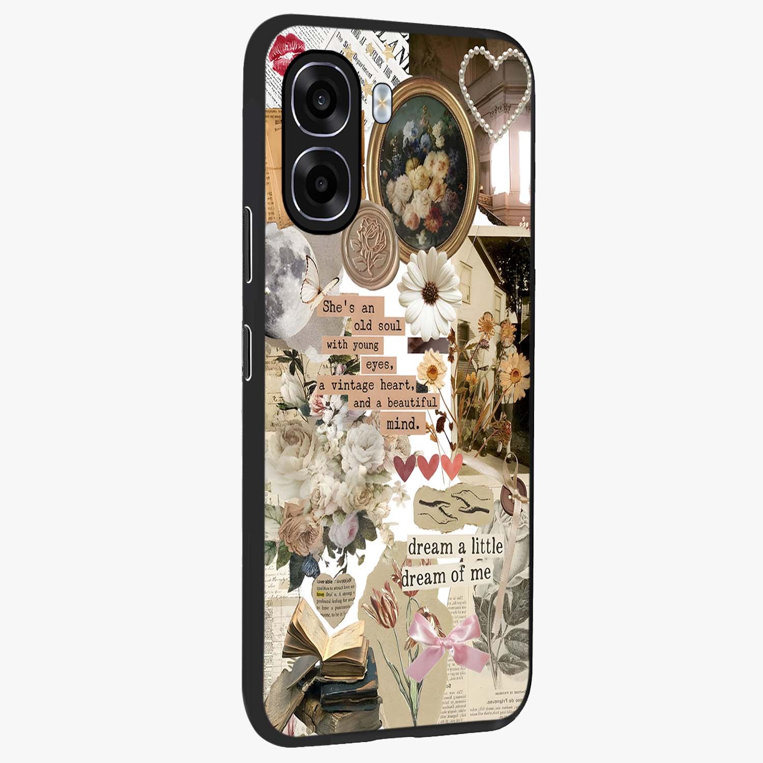 Aesthetic Brown Vintage Collage Glass Case upright view showcasing nostalgic retro artwork with stylish vintage theme.