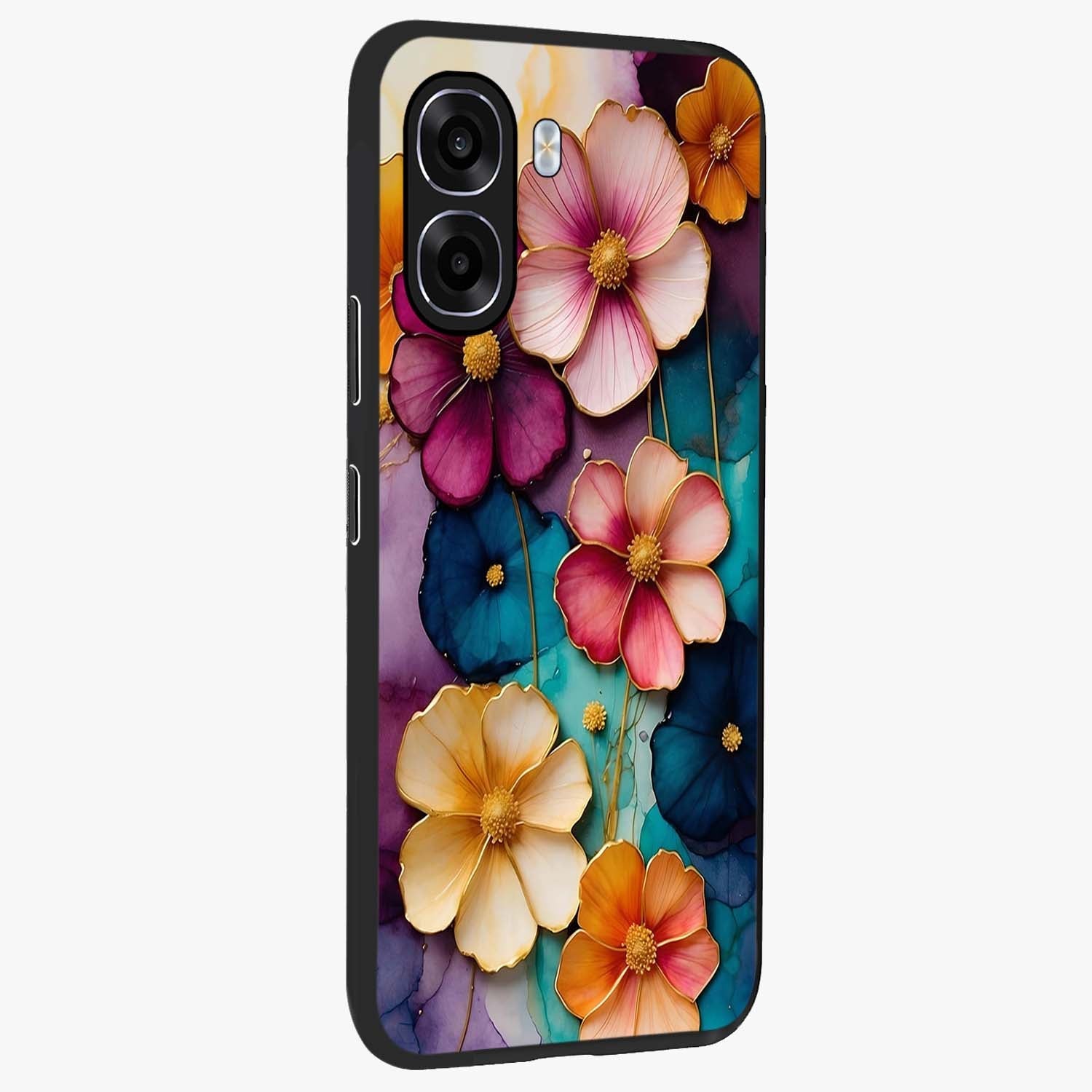 Artlyn Grace Flower Pattern Glass Case upright view showcasing graceful floral artwork with aesthetic botanical style.