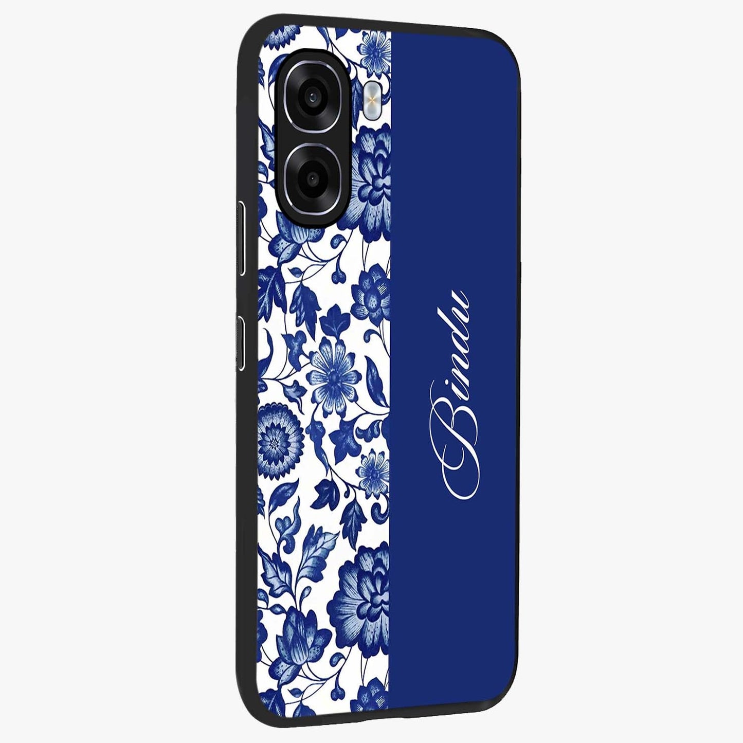 Blue Vintage Floral Pattern Glass Case upright view showcasing delicate blush floral texture with modern minimal style.