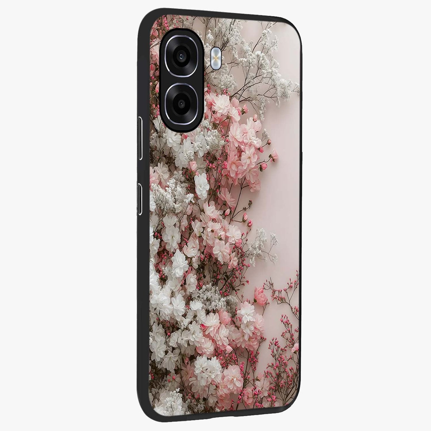 Blush Blossom Cloud Glass Case upright view showcasing calm floral cloud artwork with gentle dreamy theme.