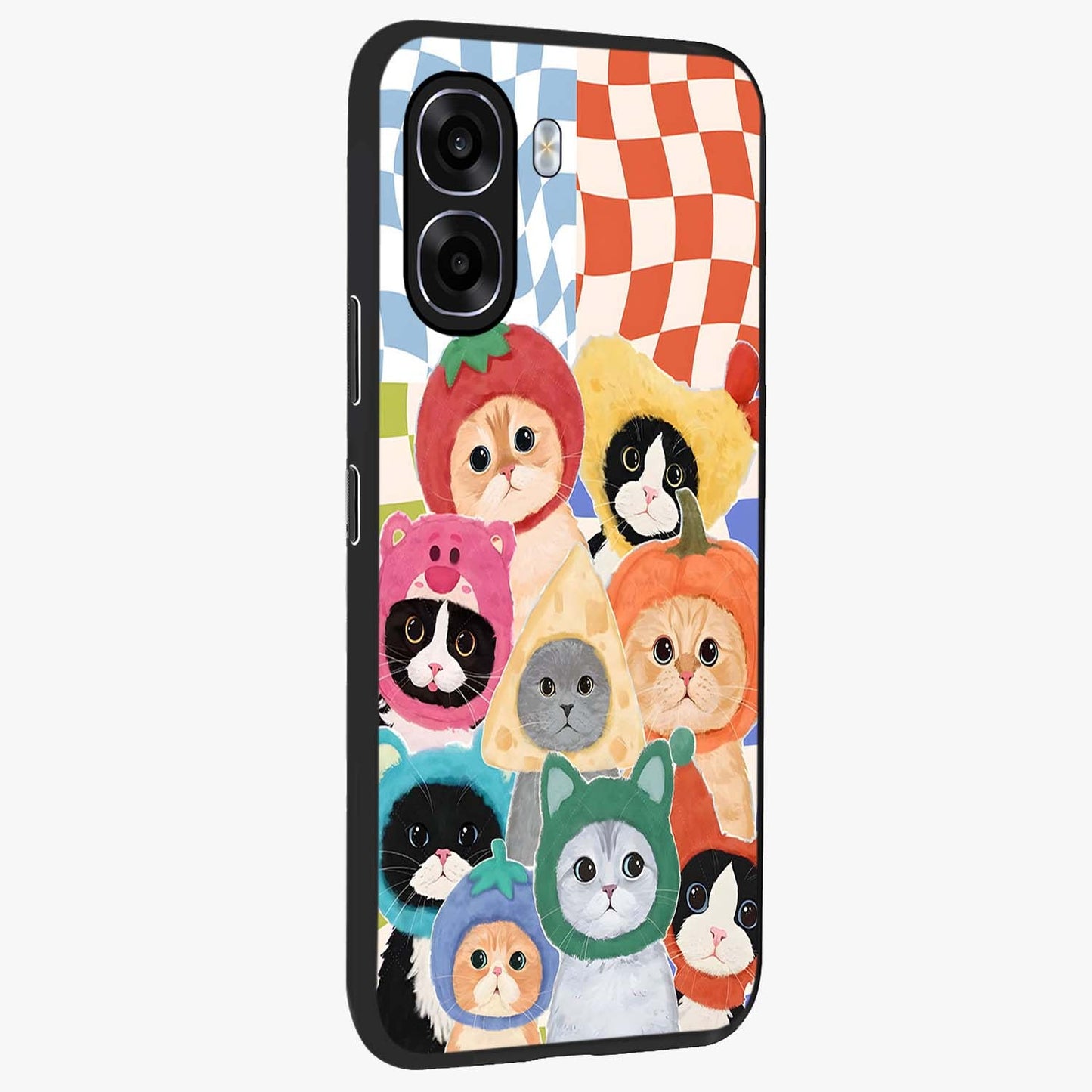 Cats in Fruits Glass Case upright view showcasing charming cat artwork with fun fruity theme.