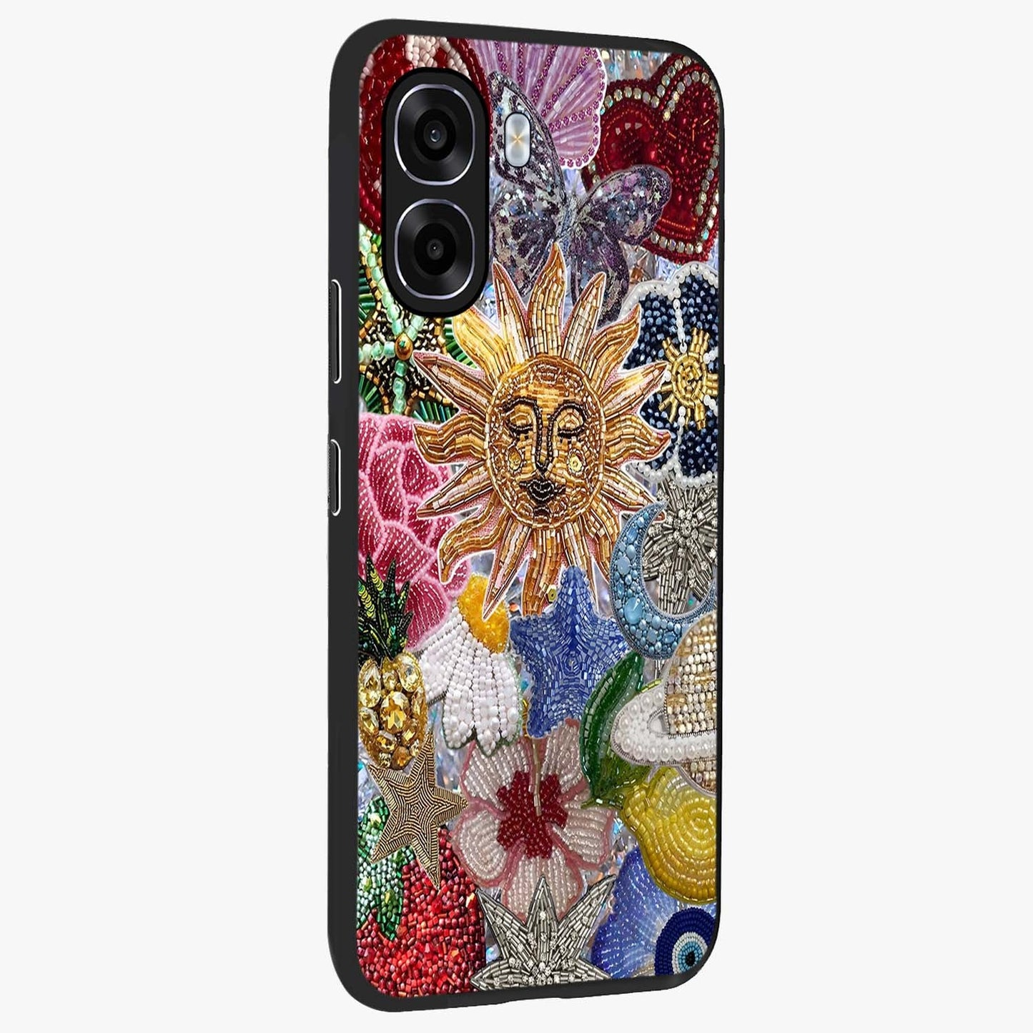 Celestial Floral and Playful Glass Case upright view showcasing whimsical floral artwork with cosmic aesthetic theme.