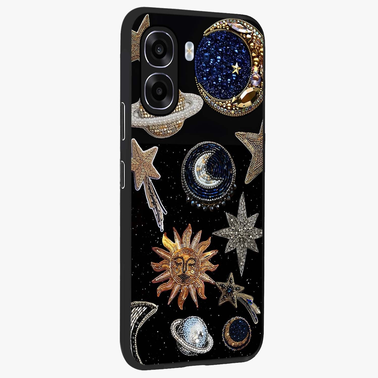 Celestial Gem Constellations Glass Case upright view showcasing cosmic constellation artwork with celestial aesthetic style.