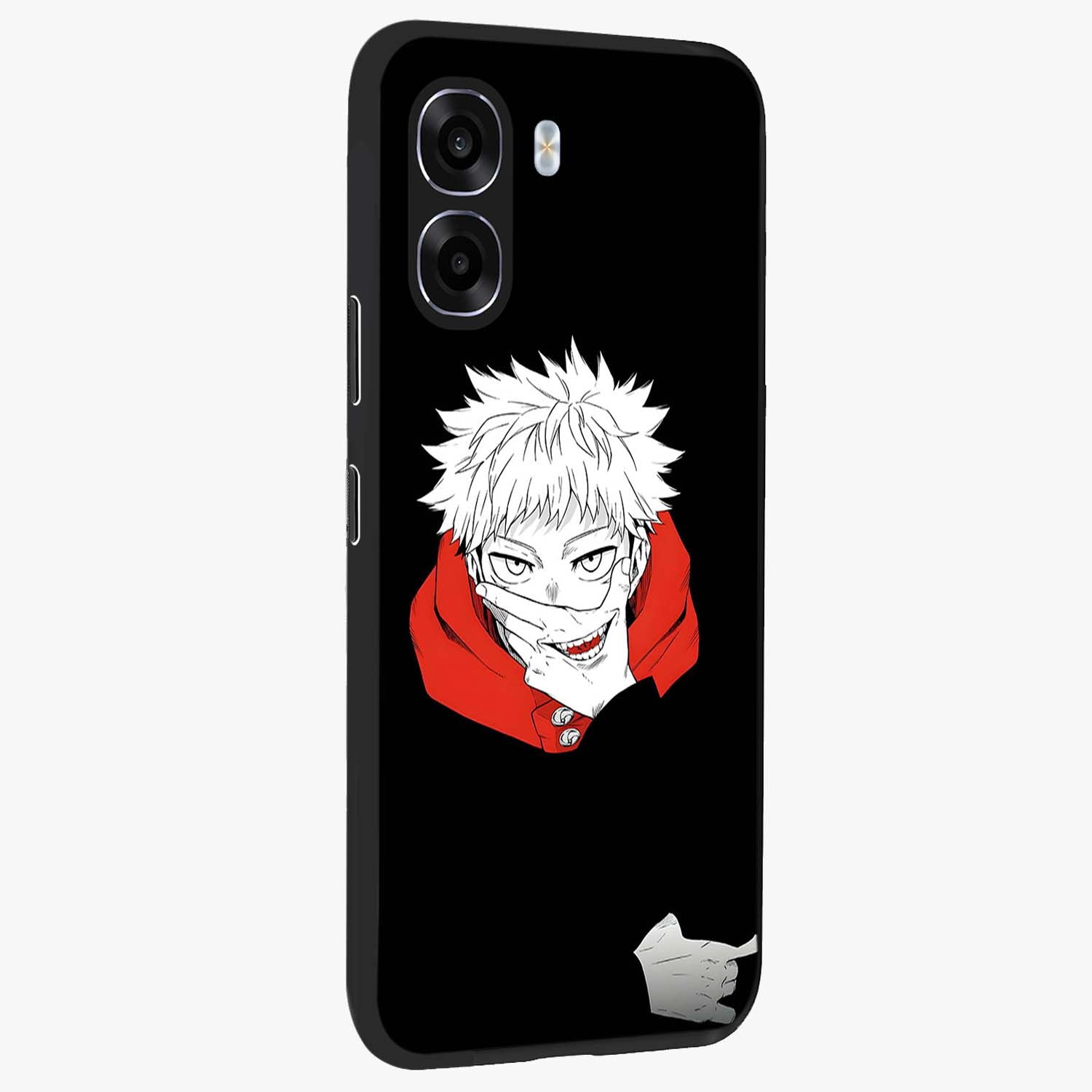 Crimson Chaos Smile Glass Case upright view showcasing expressive chaotic artwork with striking visual theme.