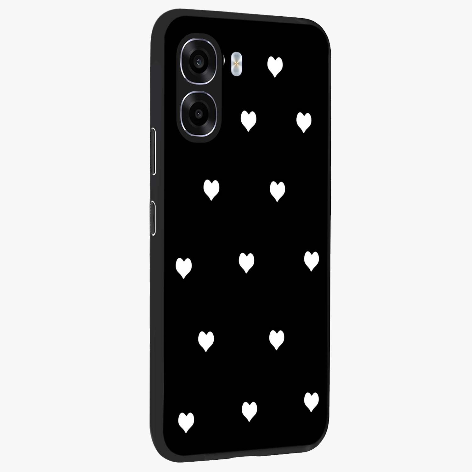 Cute And Simple White Hearts Glass Case upright view showcasing simple white hearts artwork with soft minimal theme.