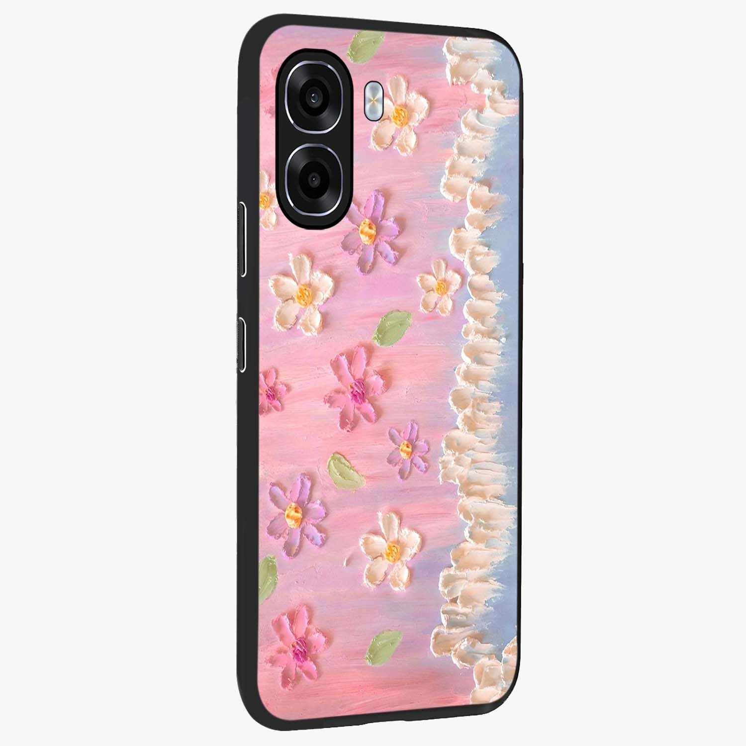 Dreamy Painted Garden Glass Case upright view showcasing vibrant floral garden artwork with artistic nature theme.