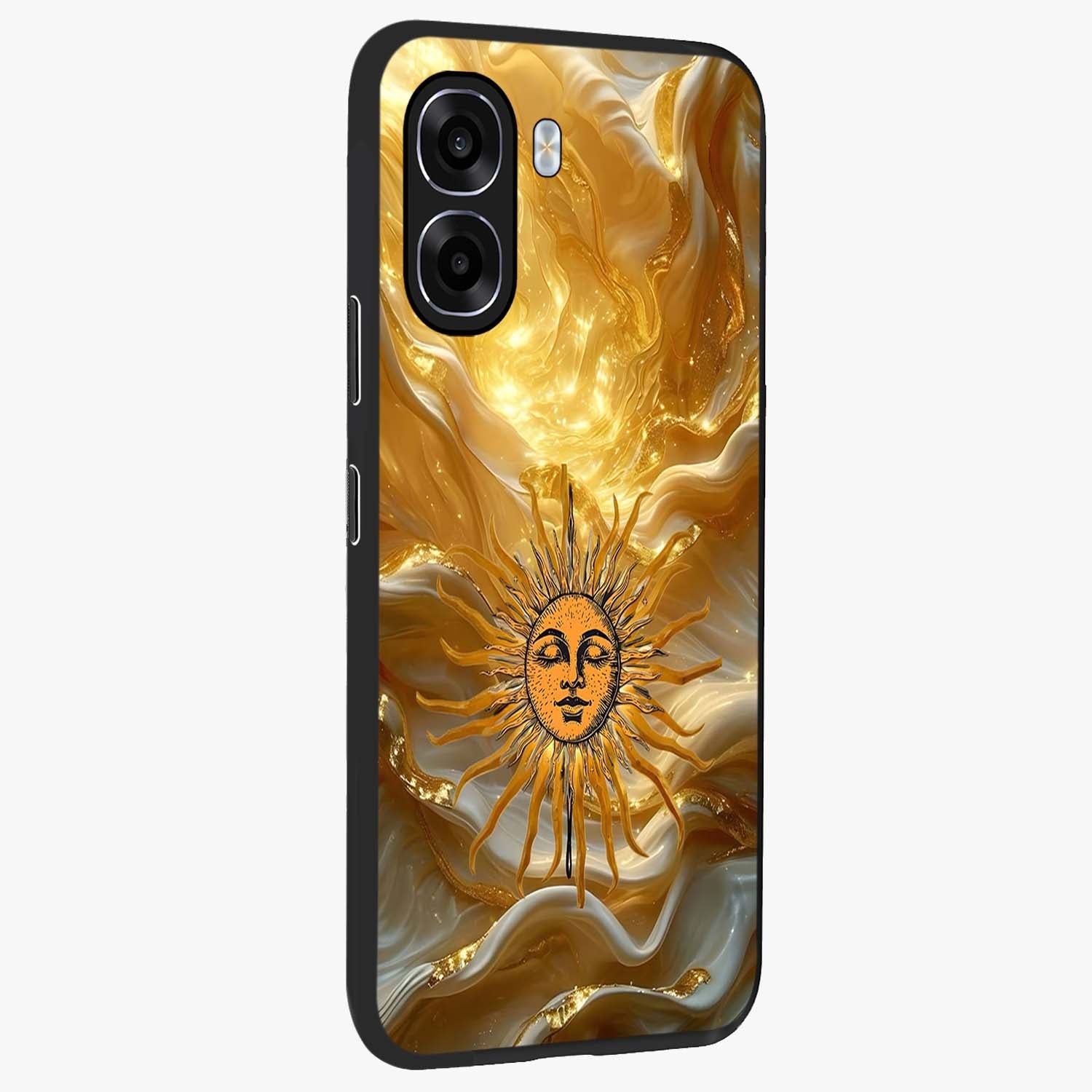 Eternal Golden Glow Glass Case upright view showcasing luminous golden artwork with luxurious visual theme.