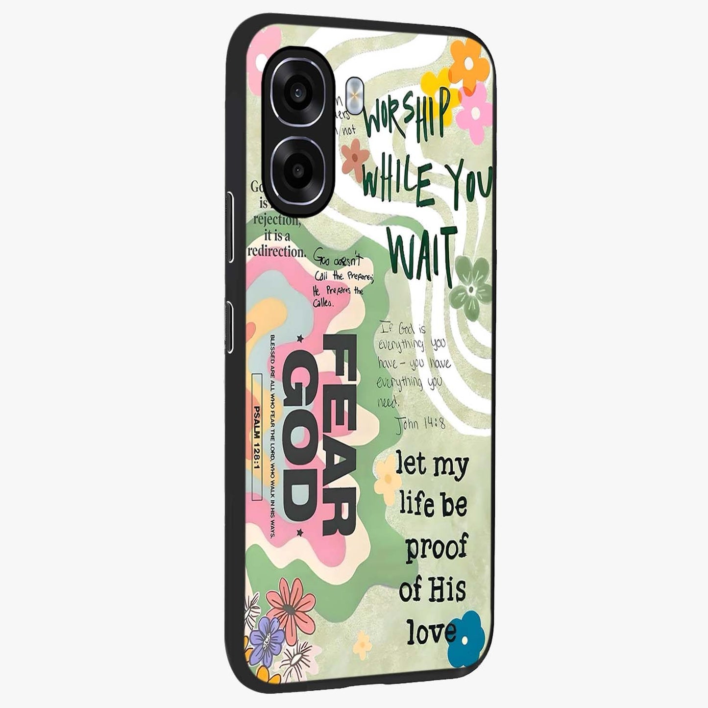 Faith Over Fear Glass Case upright view showcasing bold typography artwork with uplifting motivational theme.