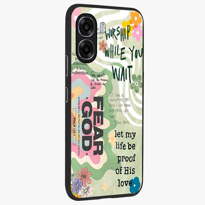 Faith Over Fear Glass Case upright view showcasing bold typography artwork with uplifting motivational theme.