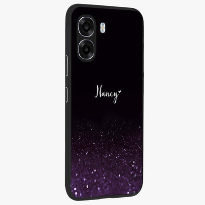 Glittery Purple Bokeh Custom Name Glass Case upright view showcasing vibrant purple sparkle artwork with personalized aesthetic style.