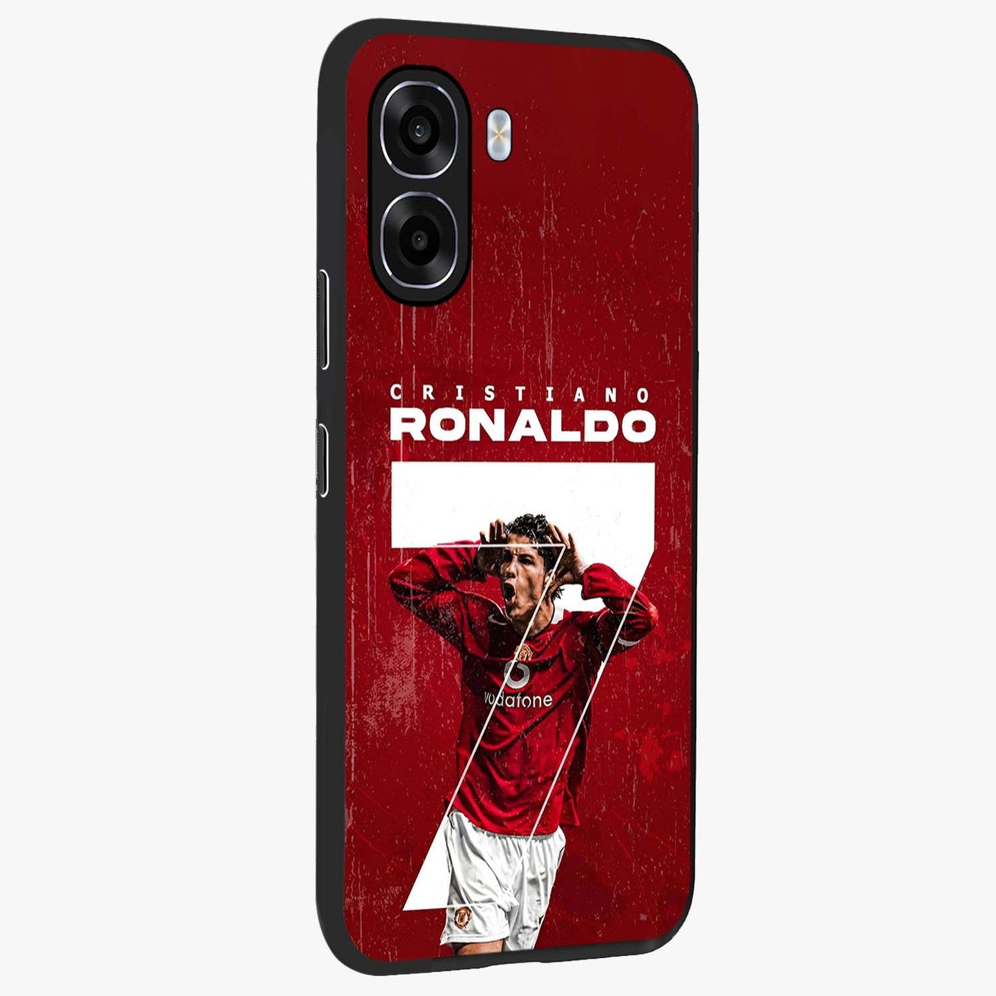 Goal Celebration Legacy Glass Case upright view showcasing dynamic football inspired artwork with victory celebration aesthetic.